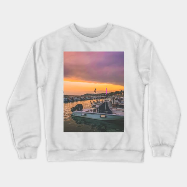 Sunset Summer Seaport Boats Crewneck Sweatshirt by eleonoraingrid